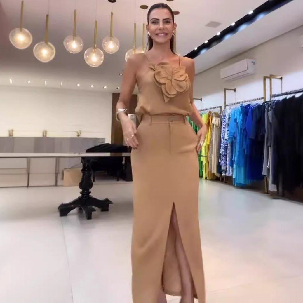 Conjunto Top Flor y Falda Lápiz con Abertura